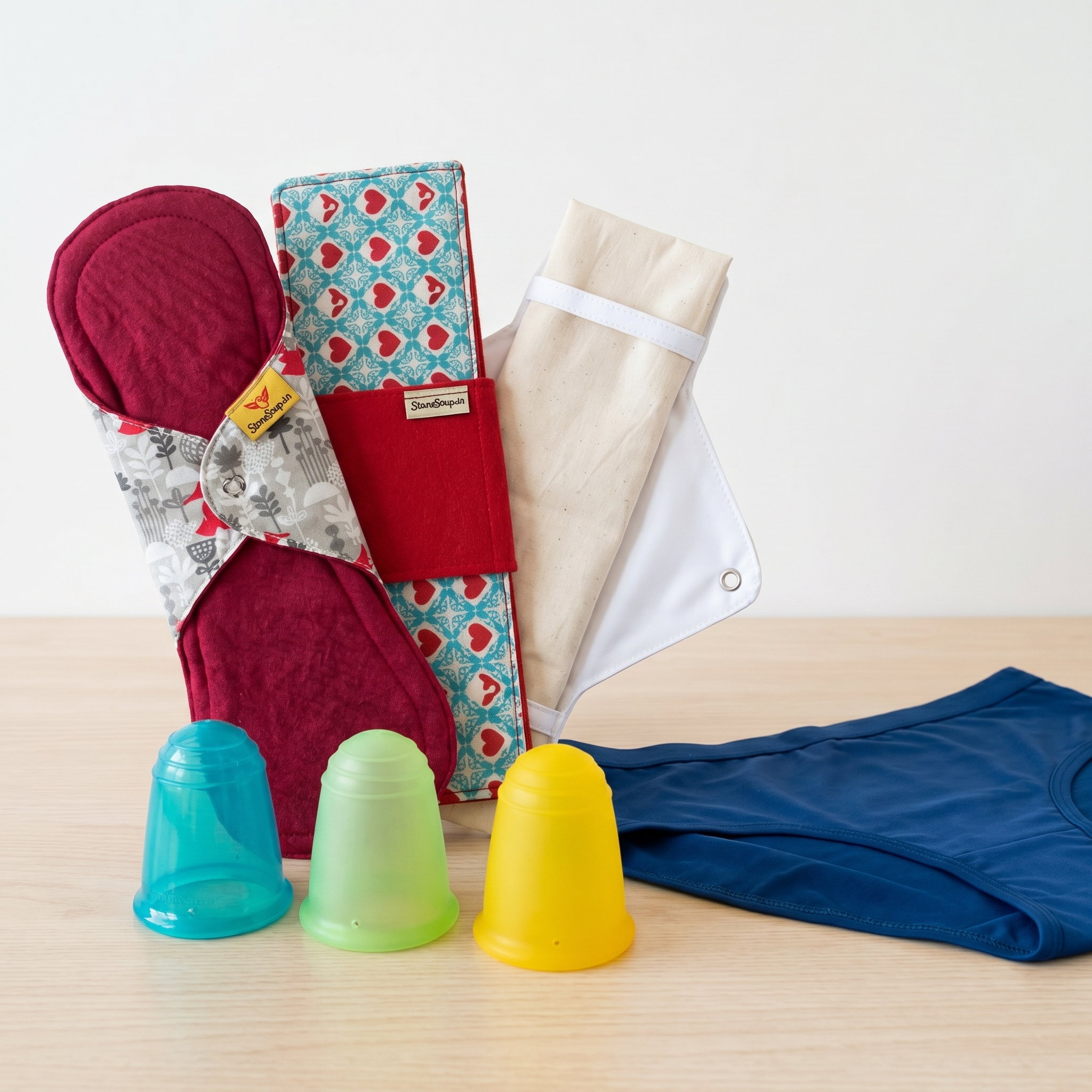 StoneSoup menstrual hygiene products including reusable menstrual cups and cloth pads
