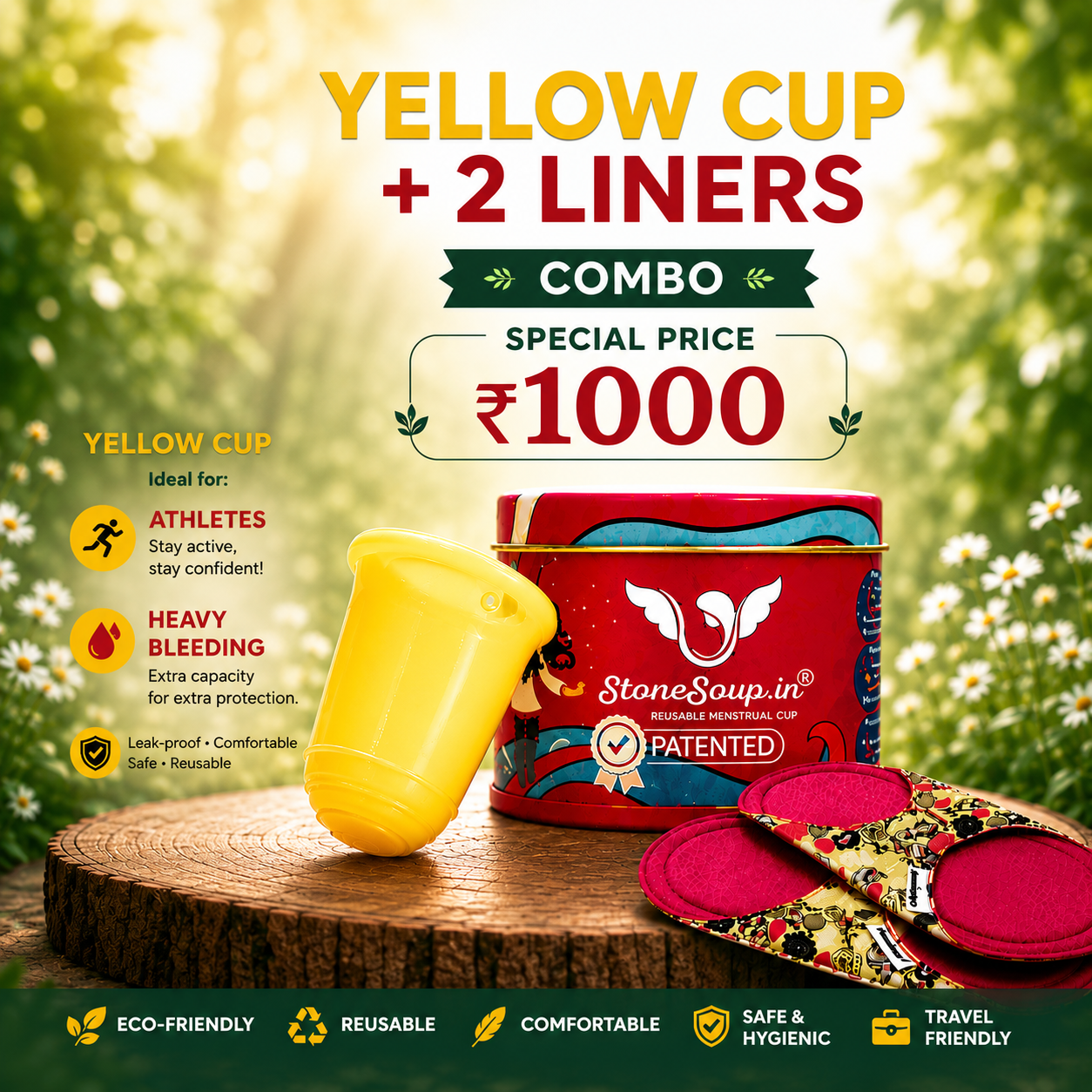 Cup and Pad Combo: Soft Menstrual Cup with 2 Cloth Panty Liners