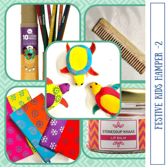 Fun gift for kids this season with planatble color pencils, neem comb fabric notebook and moisturizing lip balm