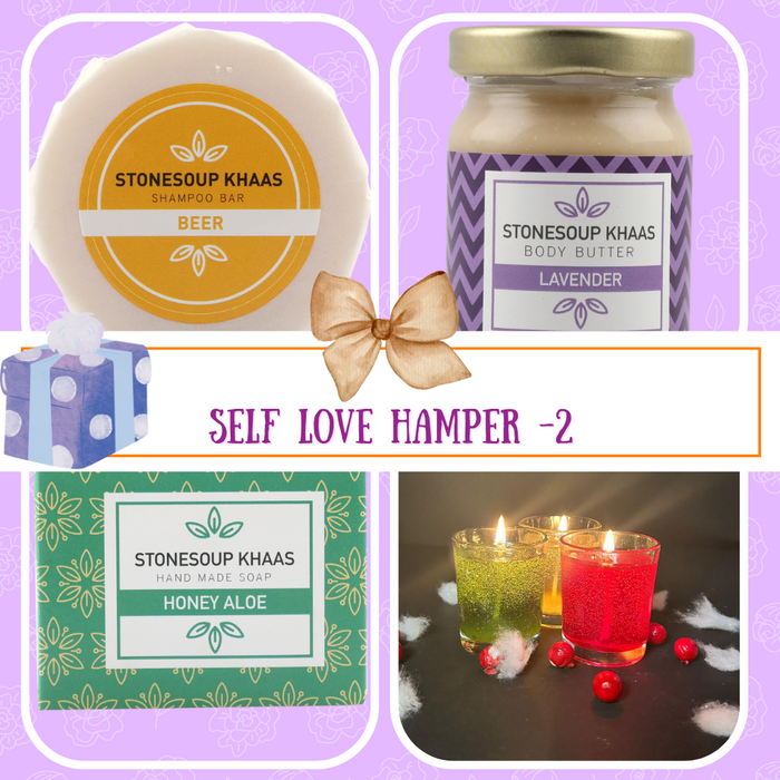 This self love hamper contains Stonesoup.in Beer shampoo bar, lavender body butter, honey aloe soap and 1 gel candle