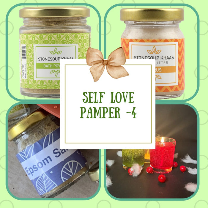 Self love pamaper with toxic free skin care -stonesoup bath powder, citrus body butter, epsom salt and gel candle