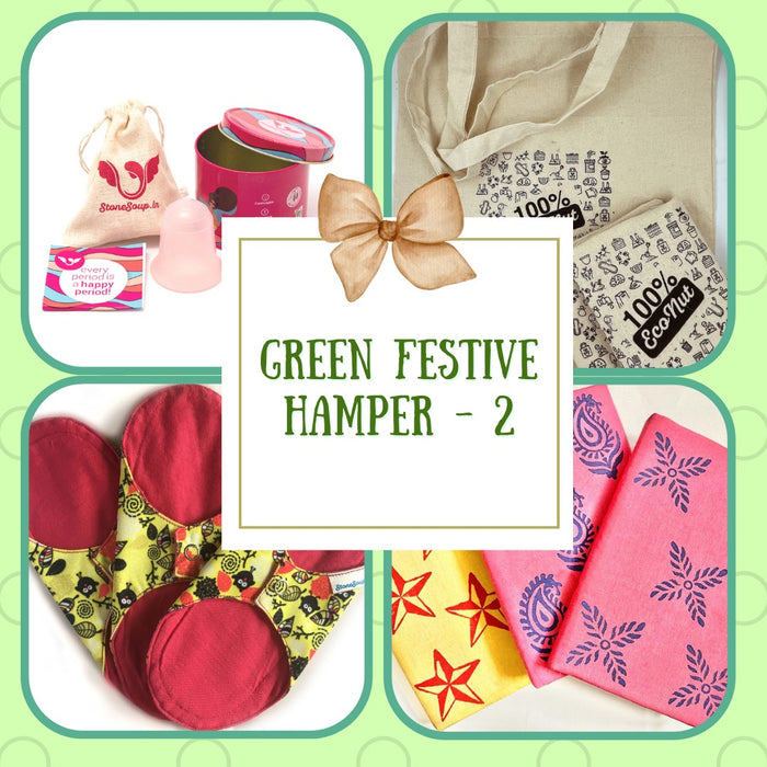 Green Festive hamper with green period options menstrual cup, cloth panty liners, eco nut cloth bag, silk printed diary