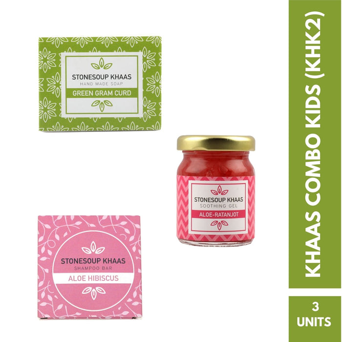 Gift Combo For Kids (KHK2) - Green Gram Curd Soap, Honey Aloe Turmeric Soap, Soothing Gel