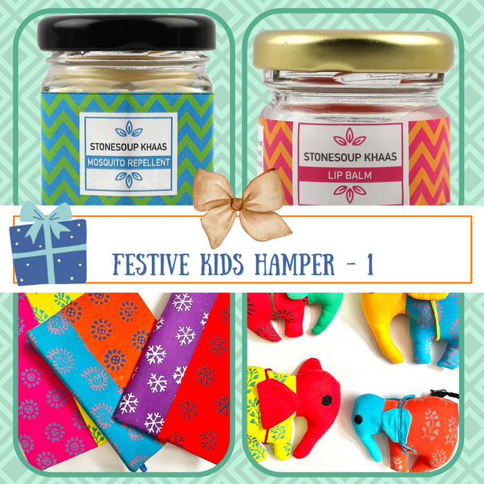 Kids Festive hamper with eco friendly mosquito repellent, moisturizing ip balm from Stonesup.in and block printed note book and soft toy made from repurposed fabric waste