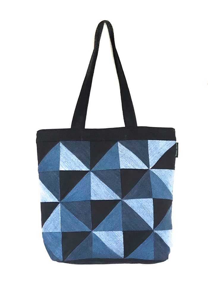 Denim Tote Bag with Laptop Partition- Triangular Patchwork