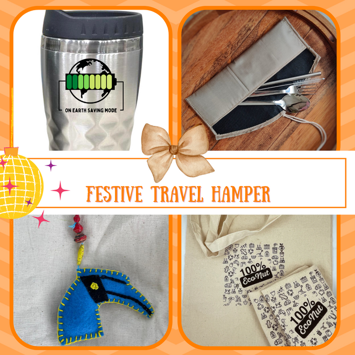 Festive travel kit with Stonesou.in steel mug, cutlery pouch,kora cotton bag and repurposed bag tag bag tag