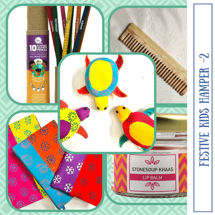 Fun gift for kids this season with planatble color pencils, neem comb fabric notebook and moisturizing lip balm 