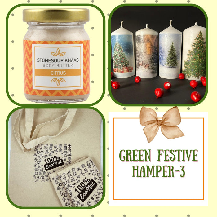 Eco friendly gift wth Stonesoup Khaas citrus body butter, Econut cotton shopping bag and christmas candle