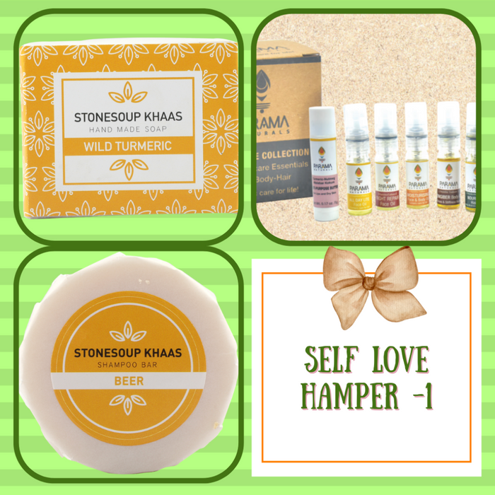 Self hamper with wild turmeric soap, essential oil miniature kit and Beer shampoo bar