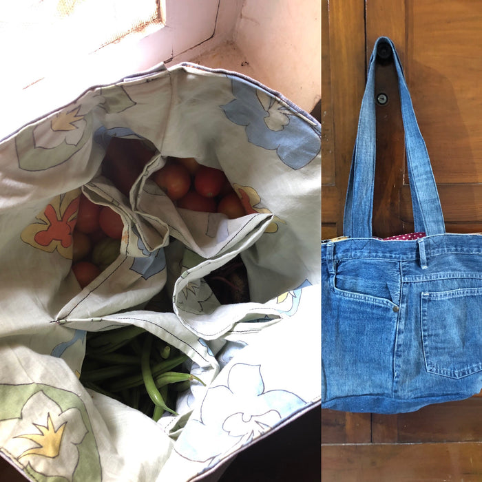 Denim grocery bag with pouches